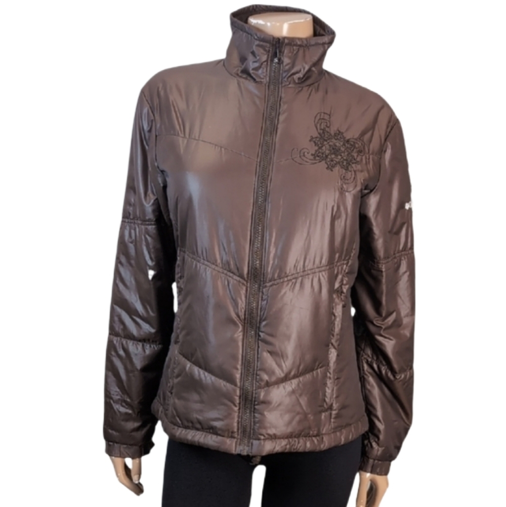 Vintage Y2K Columbia Womens Interchange Puffer Jacket Brown Embroidered Medium